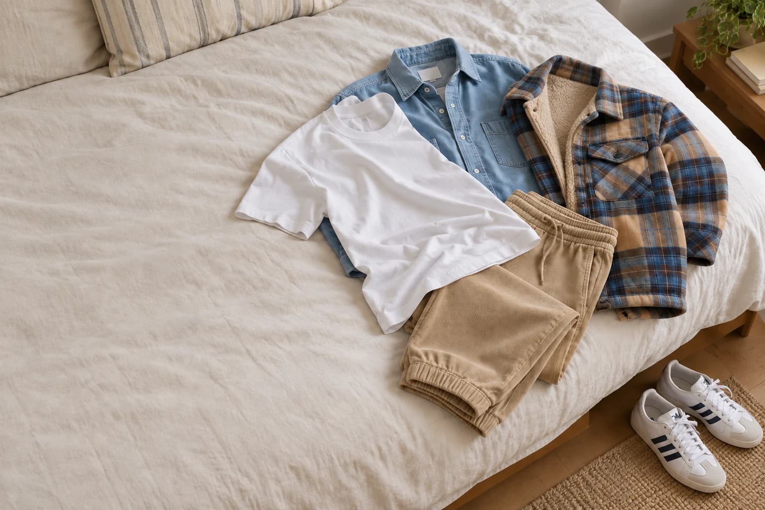 Capi Amsterdam preparati sul letto: T-shirt bianca aperta sopra camicia jeans, jogger piegati e sovracamicia a quadri, con sneakers accanto al letto.